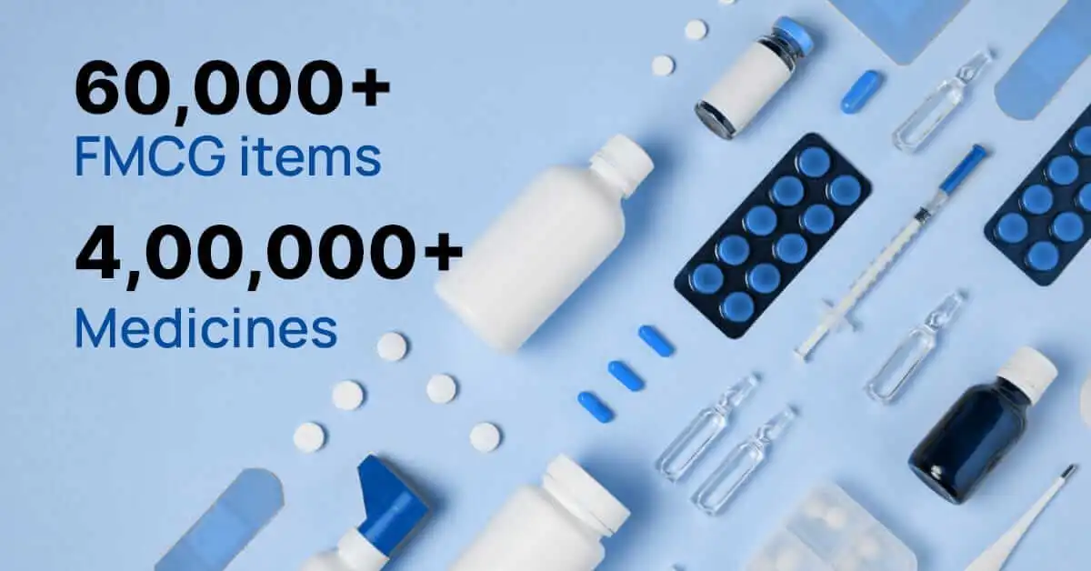 catalogue of
                            70,000+ FMCG items and 4,00,000+ Medicines Pharmacy warehouse management software