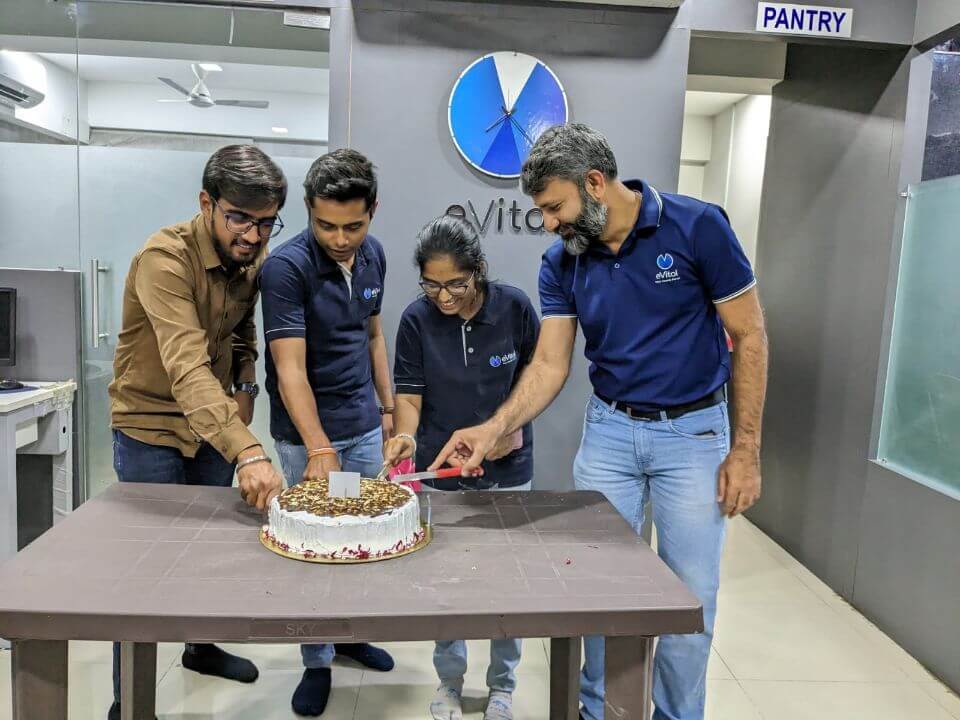 birthday cake cutting celebration at evitalrx pharmacy software company office in ahmedabad. Life at evital