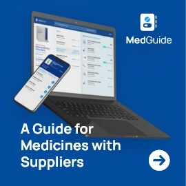 laptop Medguide showing cloud based online pharmacy billing software to find alternative medicines easily. ERP for pharmacy